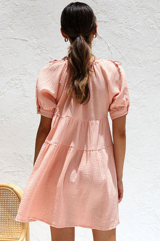 Cute Tie Neck Puff Sleeve Crinkled Cotton Blend Babydoll Mini Dress - Peach Pink