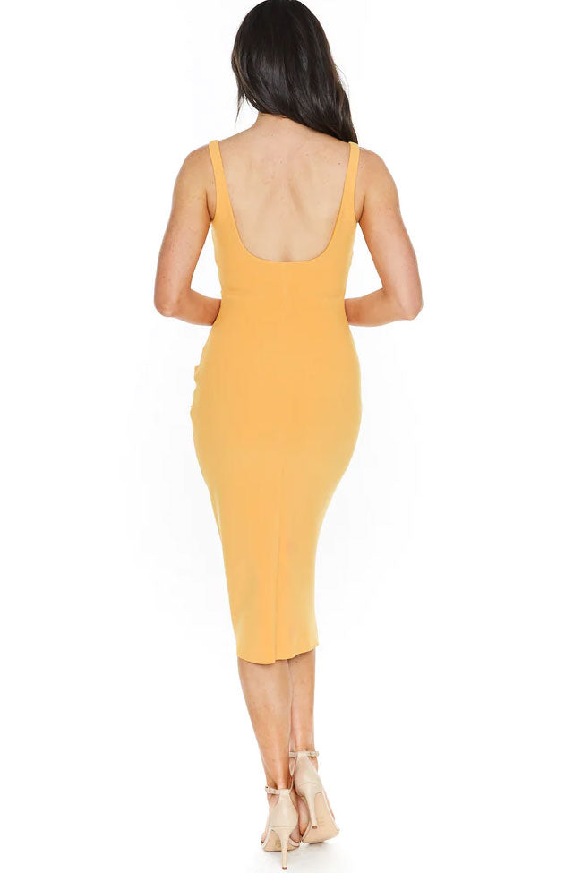 Elegant Square Neck Ruched Trim Sleeveless Bodycon Midi Dress - Yellow
