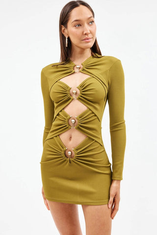 Long Sleeve Ruched Front  Cutout Rib Bandage Club Mini Dress - Army Green