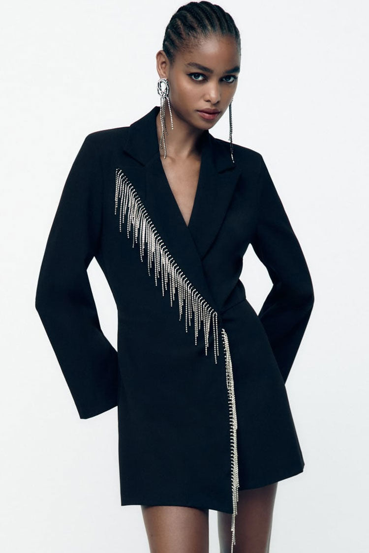 Sparkly Fringe Trim Lapel Collar Long Sleeve Blazer Romper Mini Dress - Black