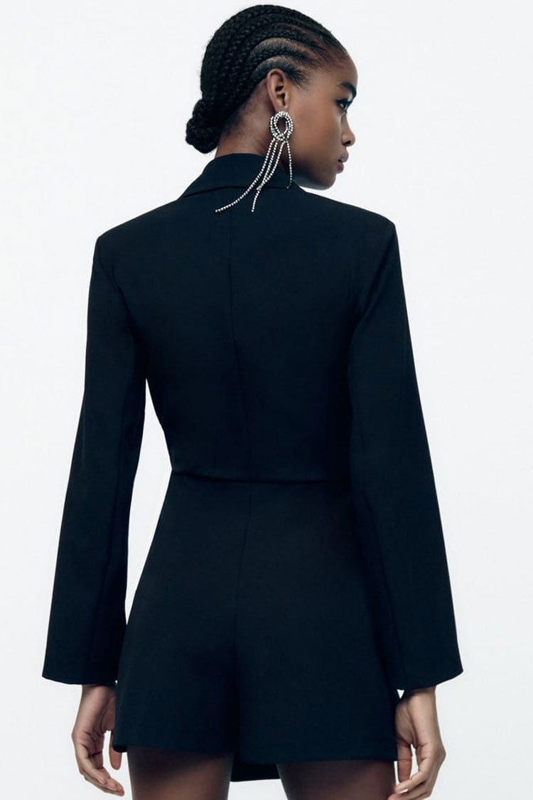 Sparkly Fringe Trim Lapel Collar Long Sleeve Blazer Romper Mini Dress - Black