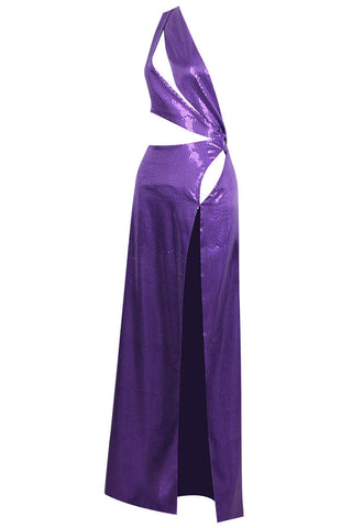 Sparkly Sequined Split Cutout One Shoulder Evening Maxi Dress - Purple