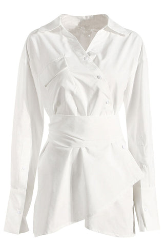Asymmetric Button Up Long Sleeve Belted Shirt Mini Dress - White