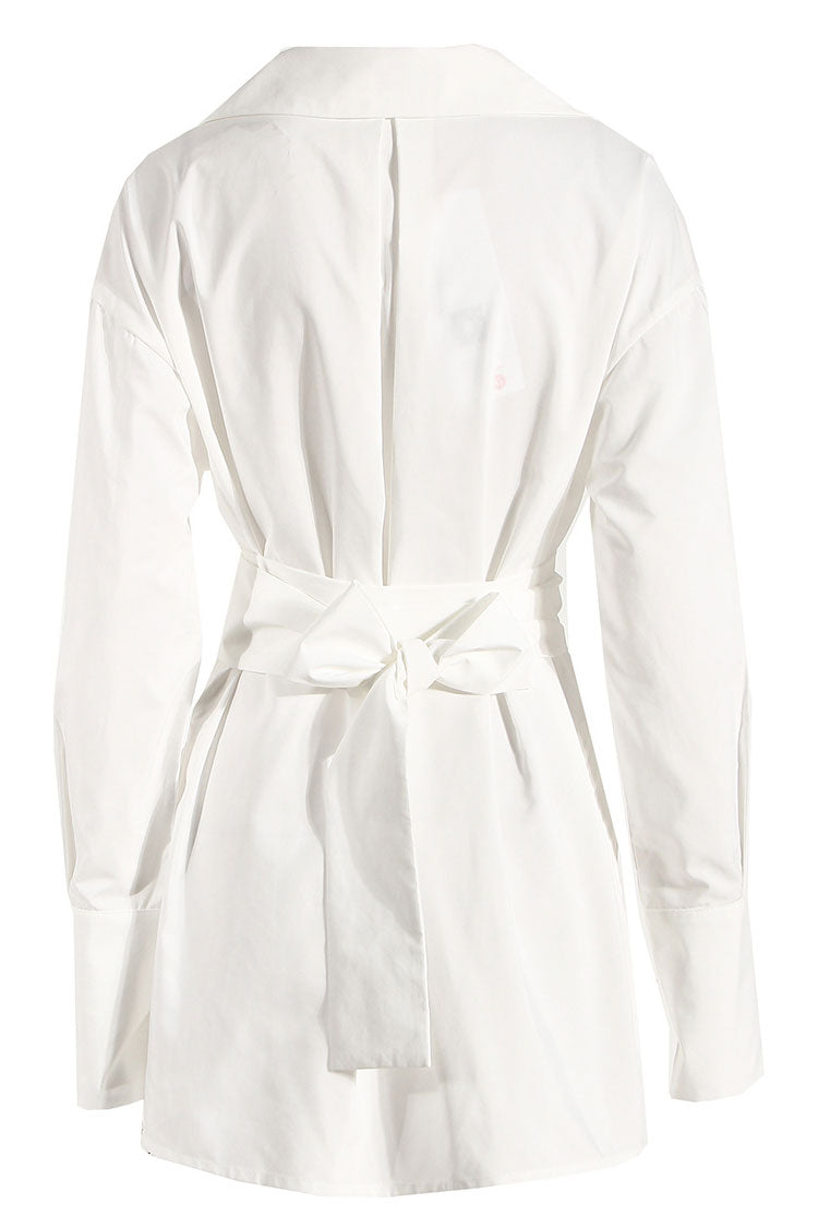 Asymmetric Button Up Long Sleeve Belted Shirt Mini Dress - White