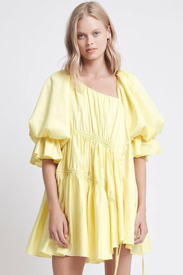 Asymmetric Ruffle Puff Sleeve Drawstring Babydoll Dress - Yellow
