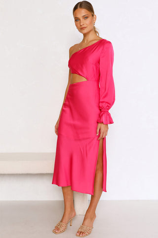 Asymmetric Tie Side Cutout Long Sleeve Split Midi Dress - Rose