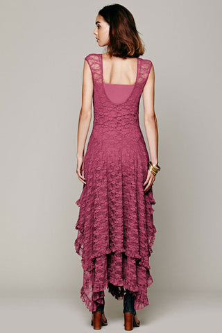 Asymmetric Tiered Ruffle Sleeveless Maxi Lace Dress - Mauve