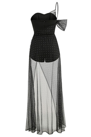 Asymmetrical Dotted Mesh Corset Bandeau Romper Split Two Piece Maxi Dress - Black