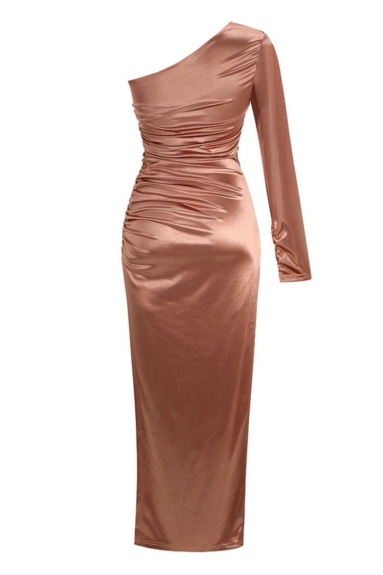 Asymmetrical One Shoulder Long Sleeve Ruched Split Evening Maxi Dress - Brown
