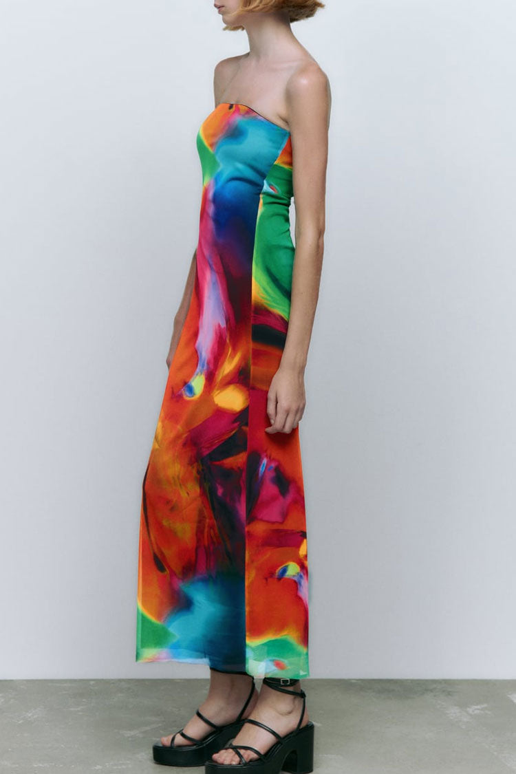 Sexy Bold Abstract Printed Summer Strapless Mesh Maxi Dress - Multicolor