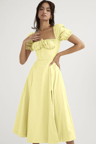 Breezy Off Shoulder Tie Front Puff Sleeve High Slit Midi Sundress - Yellow