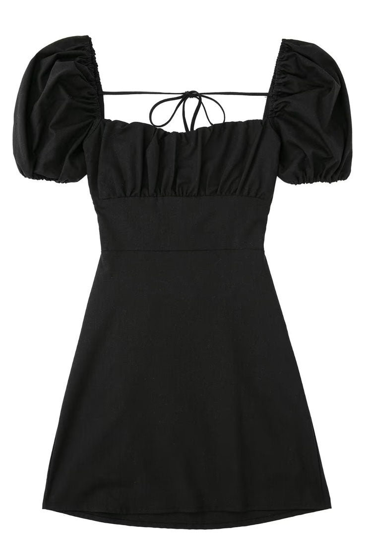 Breezy Ruched Square Neck Puff Sleeve Lace Up Back Party Mini Dress - Black