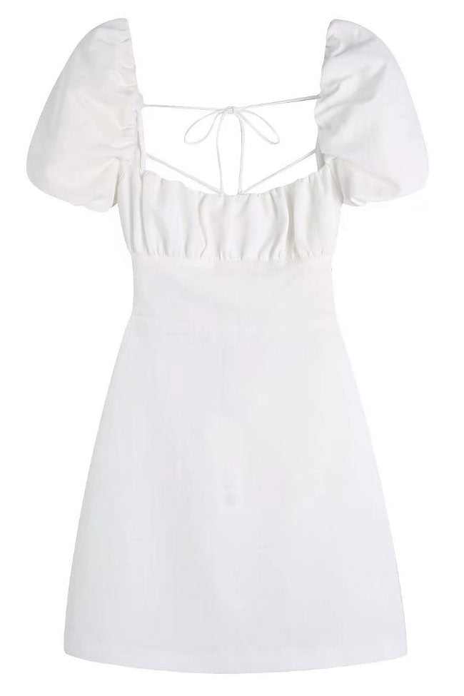 Breezy Ruched Square Neck Puff Sleeve Lace Up Back Party Mini Dress - White