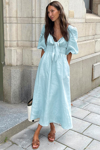 Casual Tie Front Puff Sleeve Linen Beach Vacation Midi Dress - Sky Blue