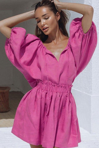Chic Puff Sleeve Crop Ruffle High Waist Mini Two Piece Dress - Pink