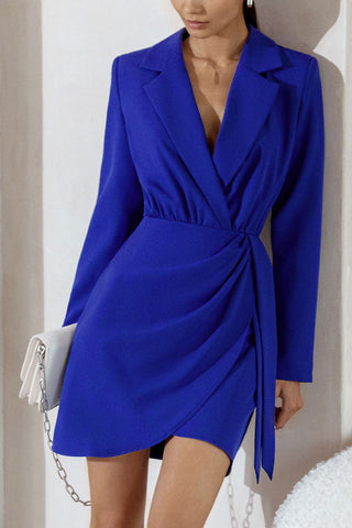 Classic Lapel Collar Shoulder Pad Ruched Long Sleeve Mini Dress - Royal Blue