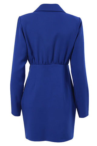 Classic Lapel Collar Shoulder Pad Ruched Long Sleeve Mini Dress - Royal Blue