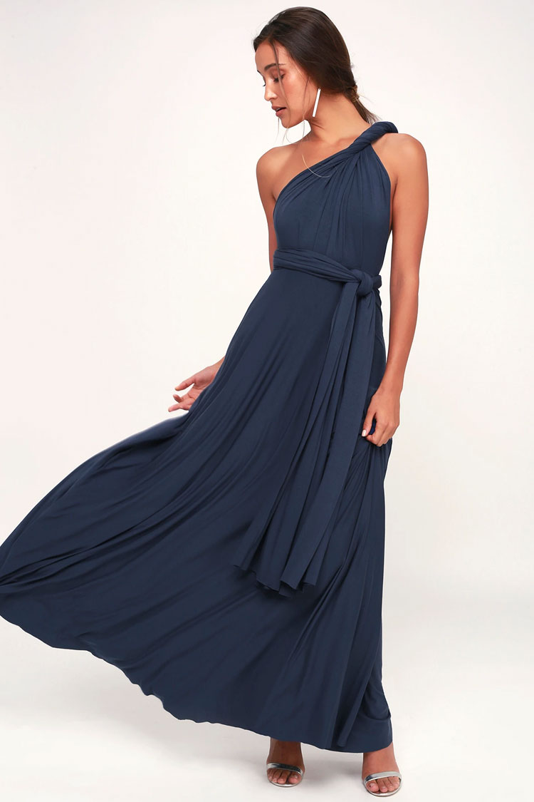 Convertible High Waist A-Line Infinity Maxi Bridesmaid Dress - Navy Blue