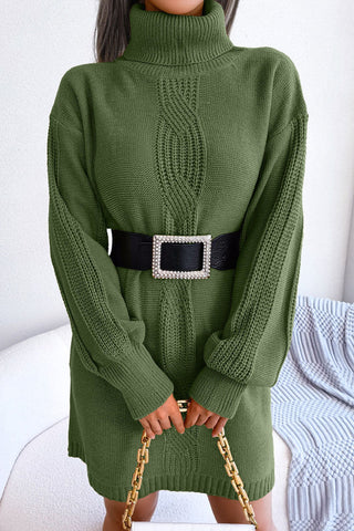 Cosy Winter Turtleneck Pullover Cable Knit Sweater Mini Dress - Army Green