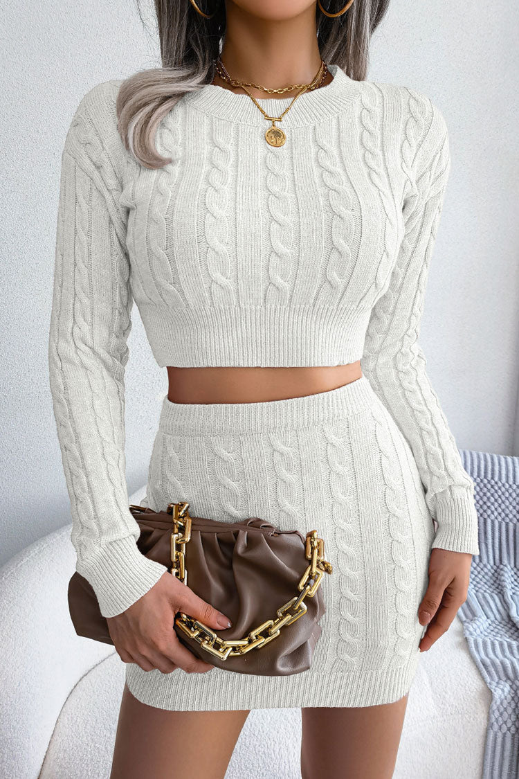 Cozy Fitted Winter Cable Knit Crop Sweater Two Piece Dress - White