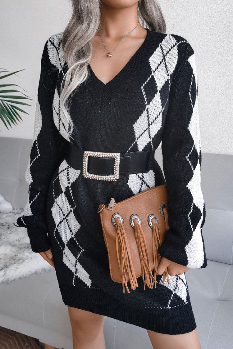Cozy Two Tone Argyle Rib Knit V Neck Winter Sweater Mini Dress - Black