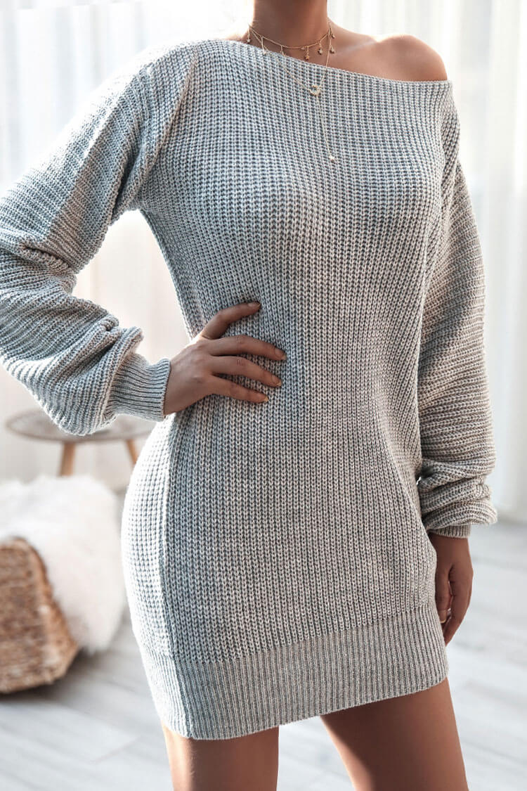 Cozy Winter Boat Neck Long Sleeve Textured Sweater Mini Dress - Gray