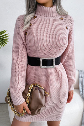 Cozy Winter Button Trim Ribbed Turtleneck Sweater Mini Dress - Pink