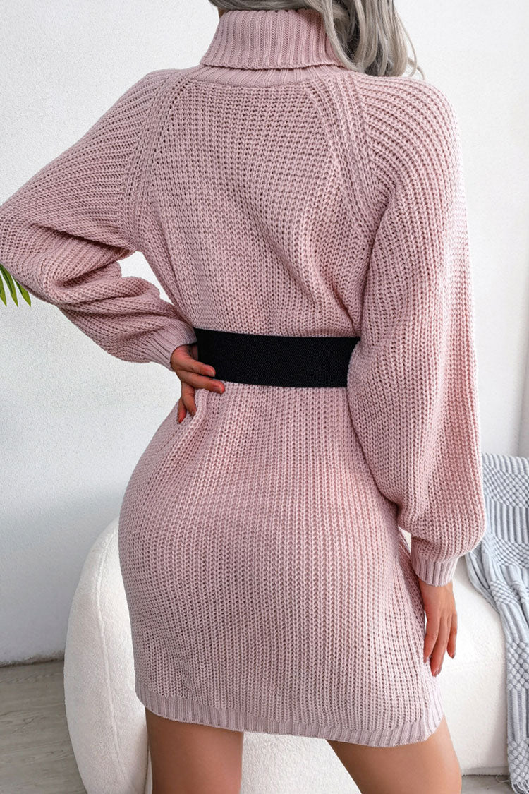 Cozy Winter Button Trim Ribbed Turtleneck Sweater Mini Dress - Pink