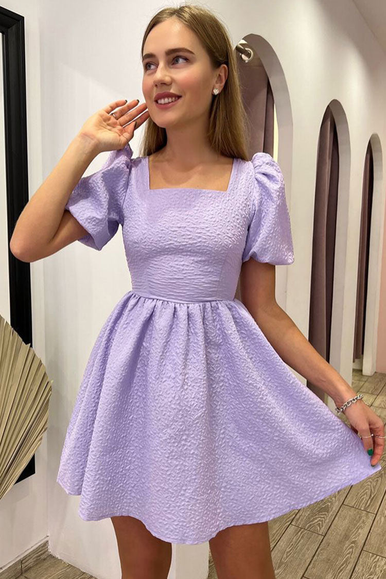 Cute Square Neck Puff Sleeve Lace Up Back Seersucker Skater Mini Dress - Lilac