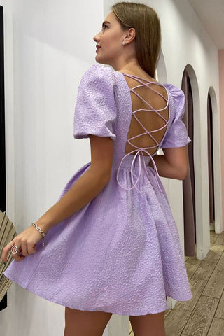 Cute Square Neck Puff Sleeve Lace Up Back Seersucker Skater Mini Dress - Lilac