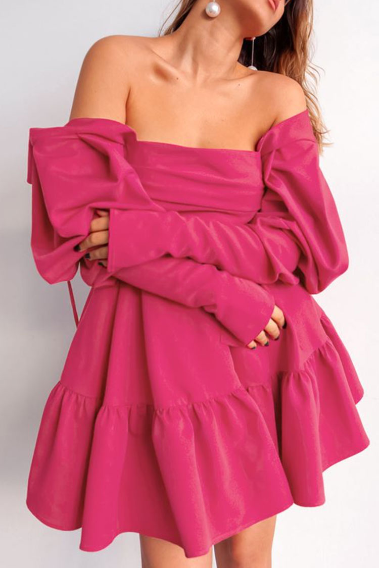 Cute Square Neck Puff Sleeve Tie Back Ruched Ruffle Mini Dress - Hot Pink