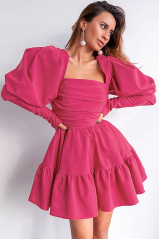 Cute Square Neck Puff Sleeve Tie Back Ruched Ruffle Mini Dress - Hot Pink
