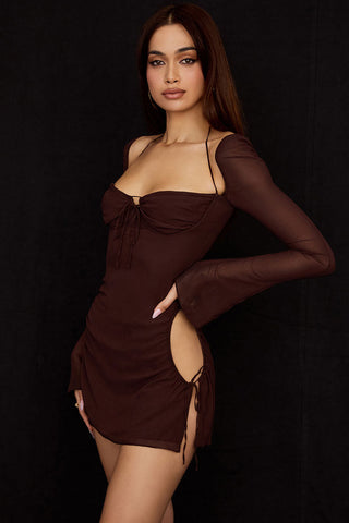 Darling Halter Neck Long Sleeve Cutout Club Mini Dress - Chocolate