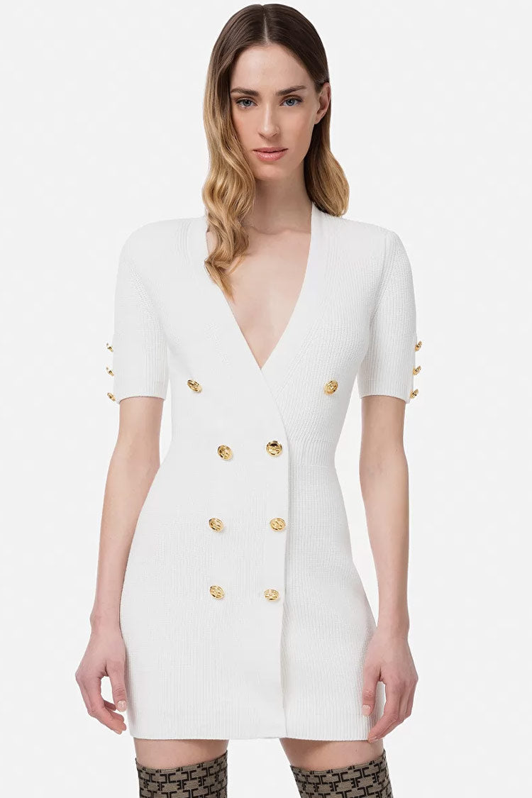 Deep V Short Sleeve Button Down Sweater Mini Dress - White