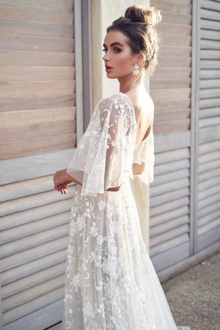 Dreamy Backless Flutter Sleeve Floral Embroidered Wedding Dress - White