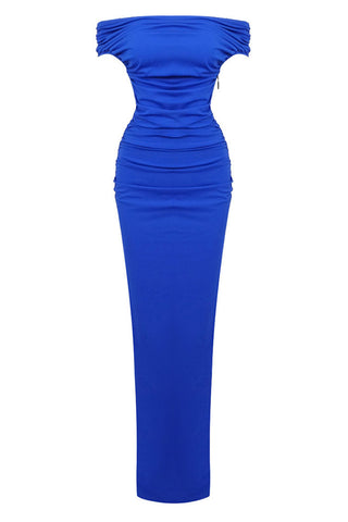 Elegant Off Shoulder Ruched Size Zip Split Evening Maxi Dress - Royal Blue