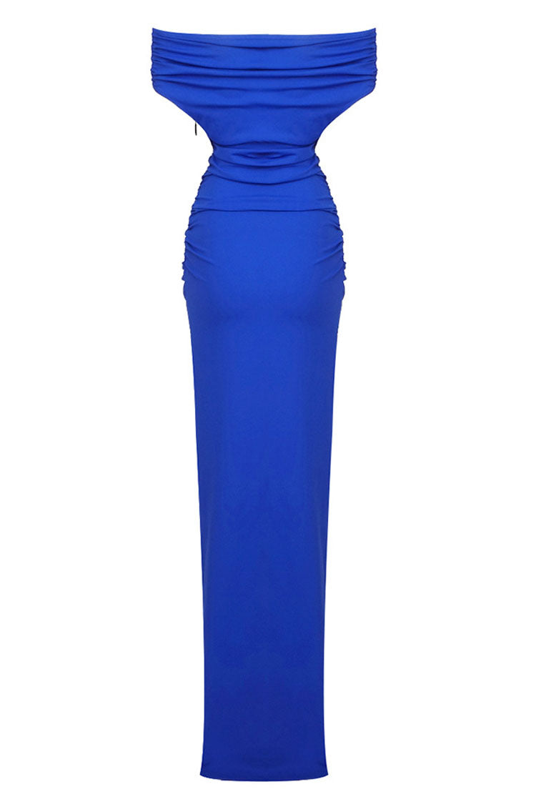 Elegant Off Shoulder Ruched Size Zip Split Evening Maxi Dress - Royal Blue