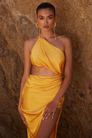Elegant One Shoulder Cutout High Split Silky Satin Evening Maxi Dress - Yellow