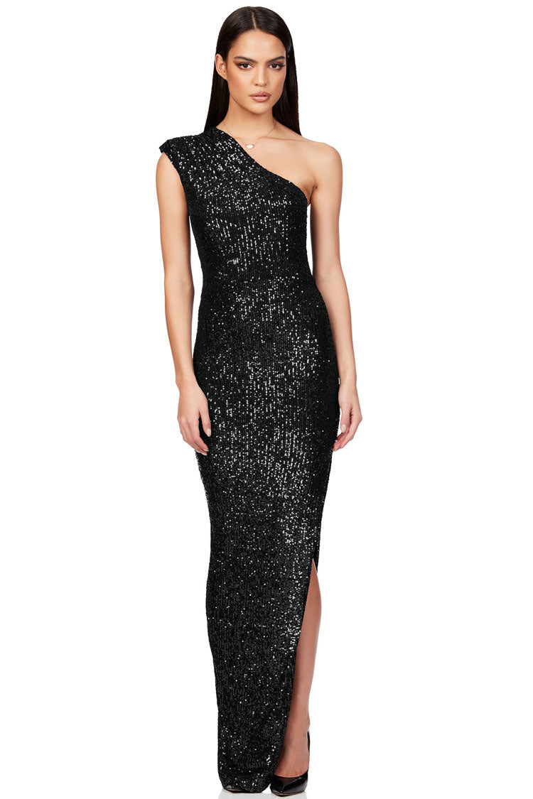 Elegant Padded One Shoulder Split Sequin Evening Maxi Dress - Black