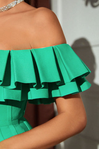 Elegant Pleated Ruffle Off The Shoulder Bodycon Bandage Party Mini Dress - Green