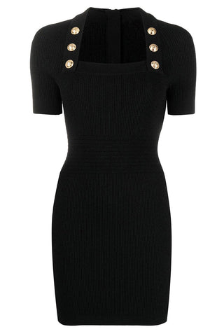 Elegant Square Neck Short Sleeve Winter Sweater Mini Dress - Black