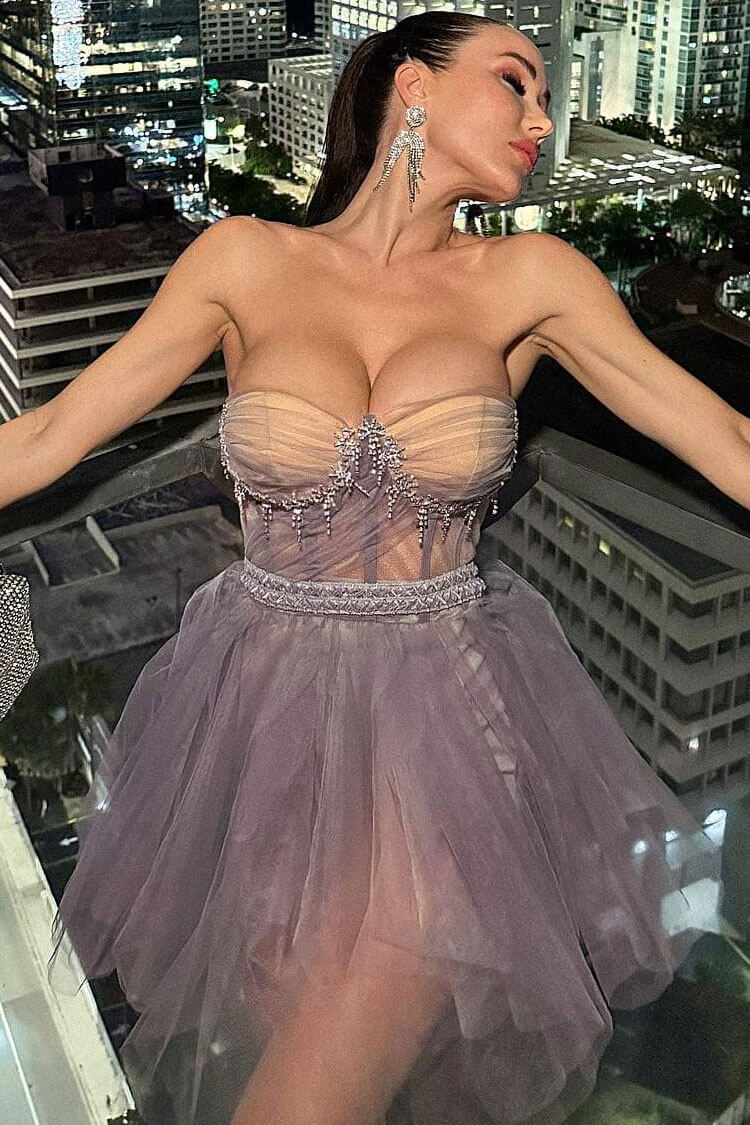 Fairy Bow Embellished Strapless Sheer Tulle Corset Party Mini Dress - Lilac