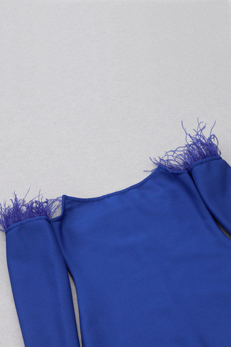 Feather Trim Off Shoulder Bandage Cocktail Midi Dress - Royal Blue