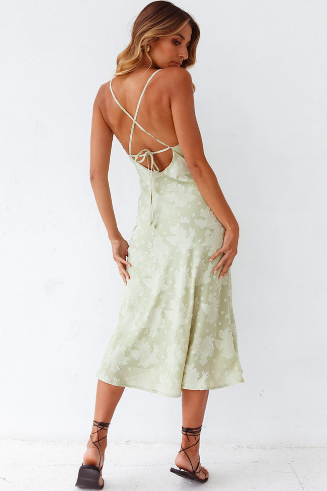 Floral Cowl Neck High Slit Slip Midi Dress - Sage Green