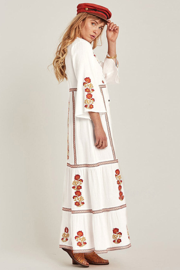 Floral Embroidered 3/4 Sleeve Boho Style Maxi Dress - White