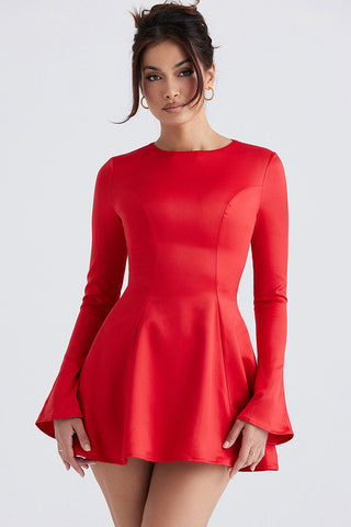 Flowy Crew Neck Long Sleeve Fit & Flare Holiday Satin Mini Dress - Red