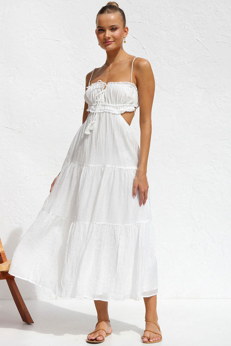 Flowy Frilled Tie Neck Cutout Ruched Flared Summer Midi Sundress - White