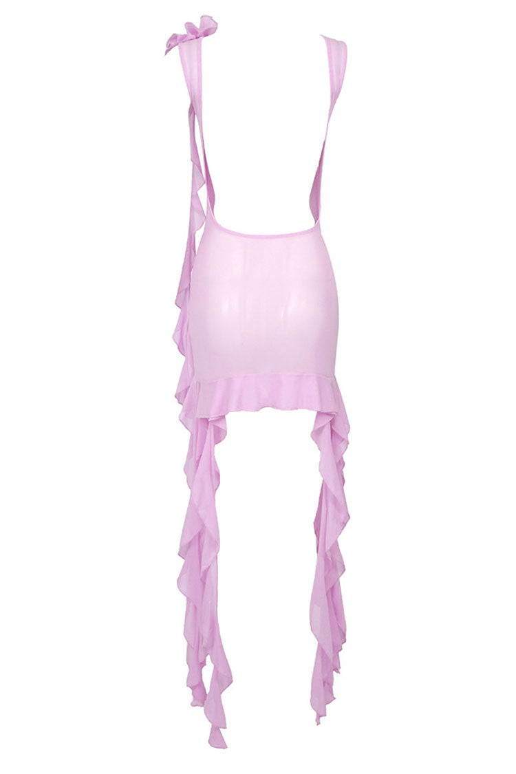 Flowy Ruffle Strap Rosette Corsage Backless Sheer Mesh Mini Dress - Pink