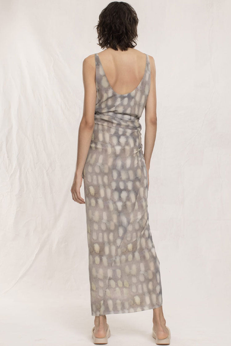 French Style Shell Printed Tie Side Sleeveless Silk Maxi Dress - Purple Gray