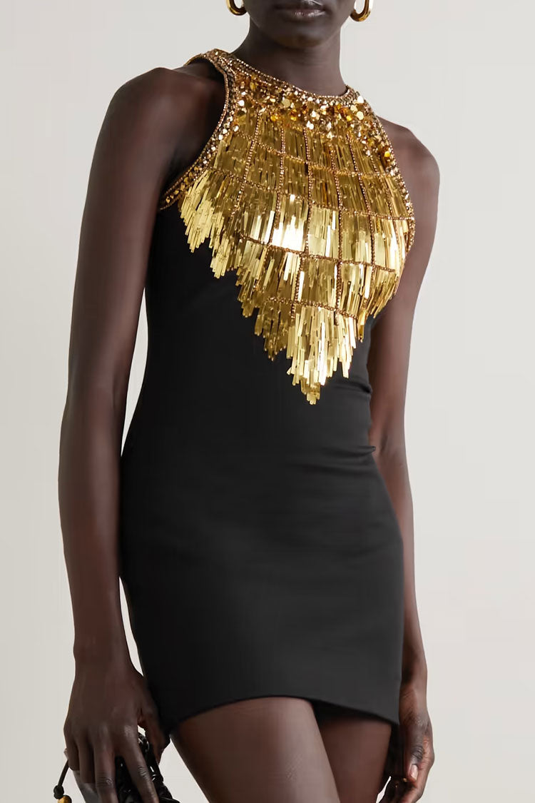 Gatsby Metallic Embellished Sleeveless Bodycon Party Mini Dress - Black